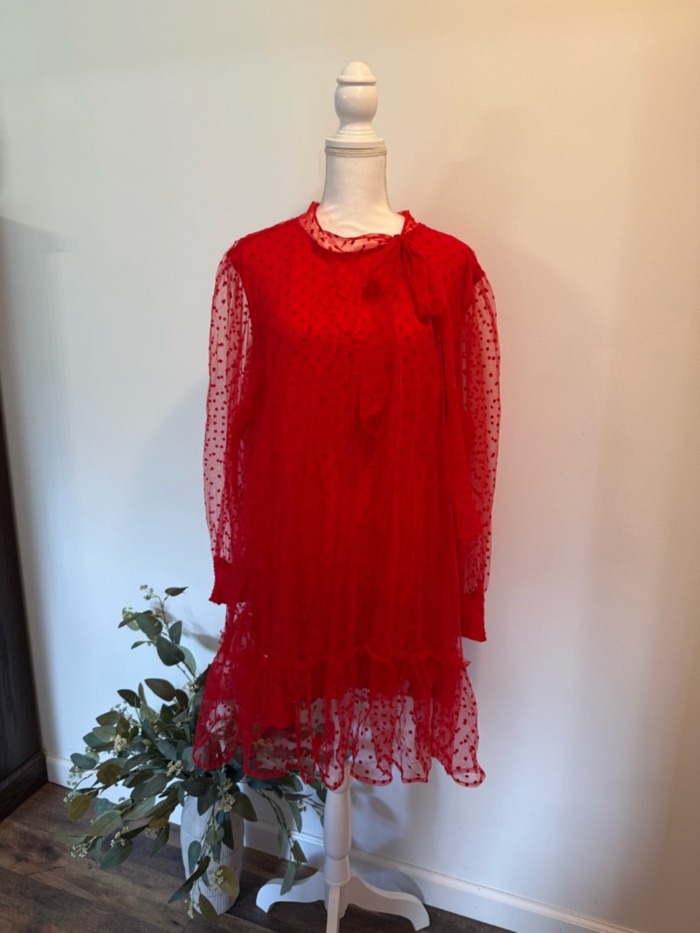 ❤️ Meritt Red Sheer Polka Dot Long-Sleeve Dress ❤️